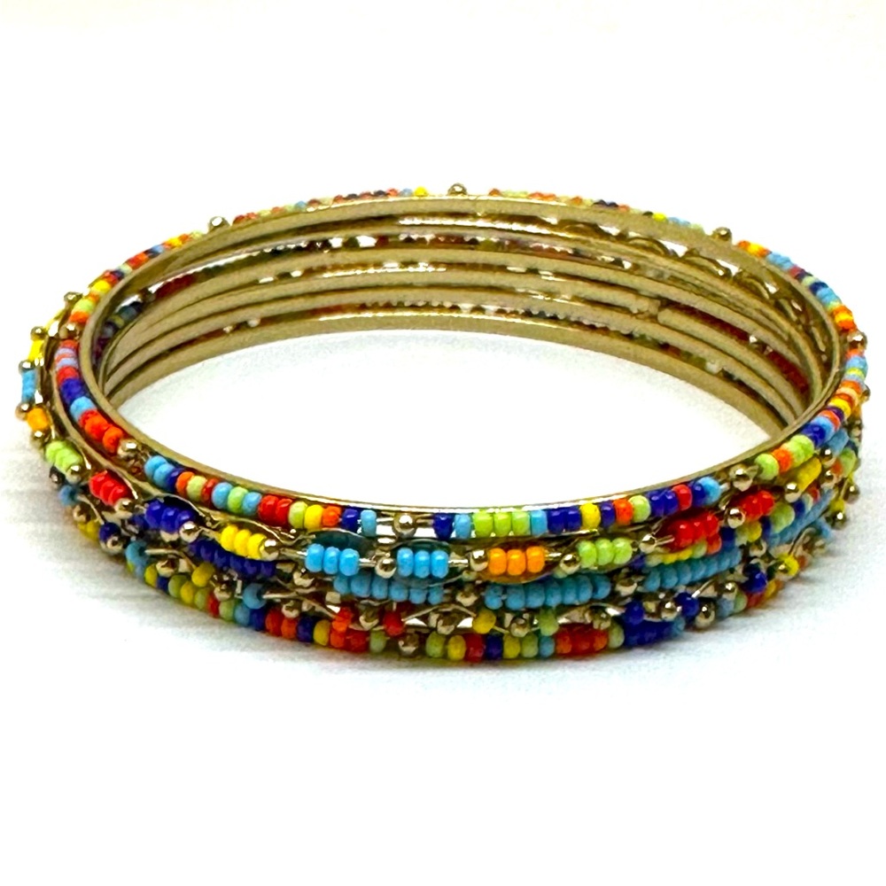 Set of 6 Colorful Beaded Bangles Multicolor Seed Bead Gold Tone Boho - Sz 8